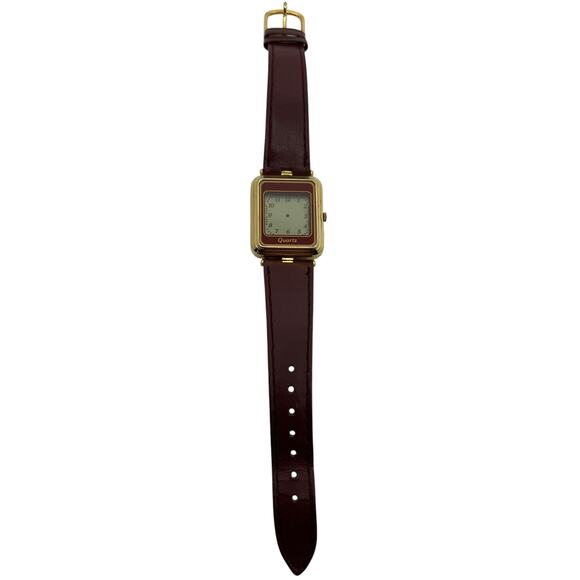 Vintage Quartz Square Dial Watch with Burgundy Leather Strap – Untested - Picture 1 of 5
